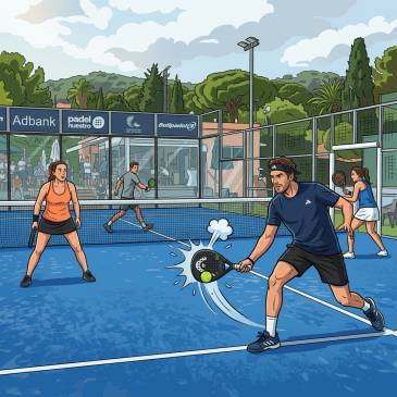 Two men and two women playing doubles padel on an outdoor blue court with a net and surrounding glass walls